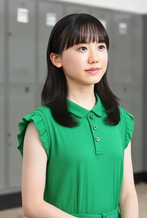 long hair, Elementary school student changing in school locker room, wearing polo shirt, upper body, small eyes, make up