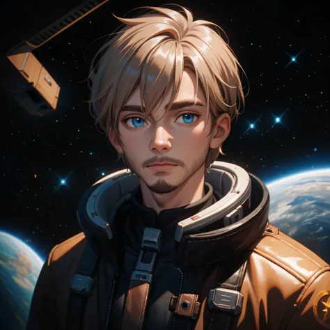 portrait, 1man, young, light brown hair, blue eyes, medium-short hair, masterpiece, best quality, space, sci-fi, leather jacket, very soft beard