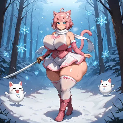 (1woman with the appearance of Neko from anime K Project, curvy woman with cat-like features, curvy body, innocent look, 1woman with a big ass and round buttocks:1.2, big butt:1.2, oily skin, double-layered dress, pink corset, fleshy thighs:1.4, white prin...