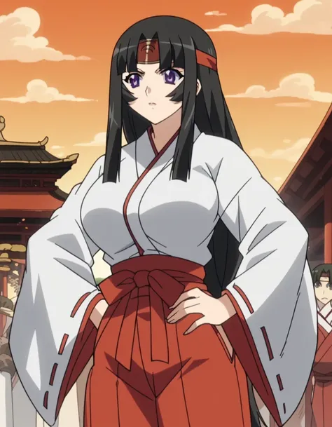 _anime, Tomoe, long hair, huge breasts x2 in size ,black hair, purple eyes, low-tied long hair, anime screencap, skirt,  Japanese clothing,  headband ,  ribbon-trimmed sleeves , Monkey, red hakama pants, Japanese temple,alas afueras del Japanese temple , h...