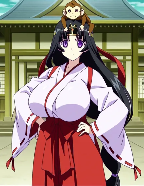 _anime, Tomoe, long hair, huge breasts, black hair, purple eyes, low-tied long hair, anime screencap, skirt,  Japanese clothing,  headband ,  ribbon-trimmed sleeves , Monkey, red hakama pants, Japanese temple,alas afueras del Japanese temple , hands on hip...