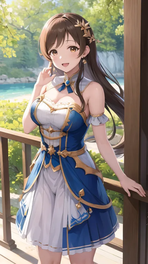masterpiece, best quality, highres, aanitta, long hair, earrings, medium breasts, princess connect Re:Dive cosplay, princess Dress, standing, smile, open mouth, outdoors 