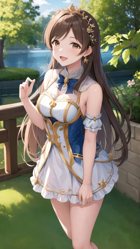masterpiece, best quality, highres, aanitta, long hair, earrings, medium breasts, princess connect Re:Dive cosplay, princess Dress, standing, smile, open mouth, outdoors 