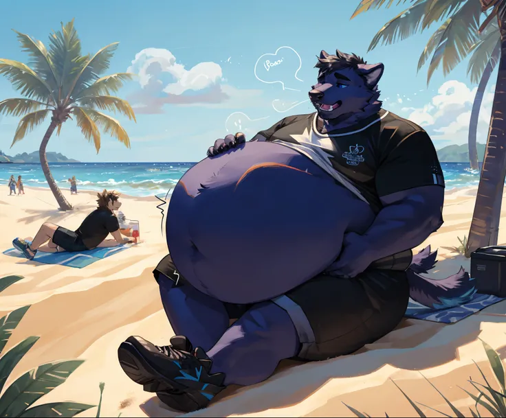 Very very obese的灰熊,My stomach is very big, Very very obese, huge belly, Very good , Fat Face, Fat legs, plump ass, Wear shoes, blue eyes, beach background. Feels struggling inside my stomach,Feeling indigestion,一直Hiccups ,Touching my stomach,Grunting in th...