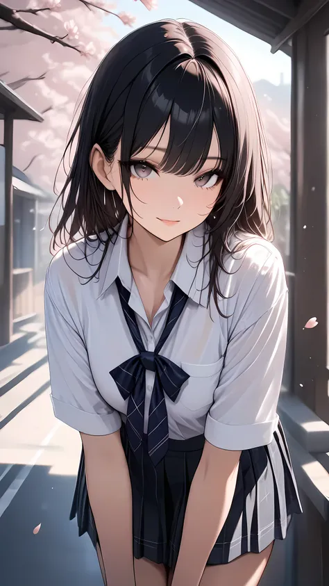 1 girl,JK,school uniform, blurry background, light particles, side road, cherry blossoms, looking at viewer, digital art, morning light, (masterpiece, high score, great score, absurdres)
