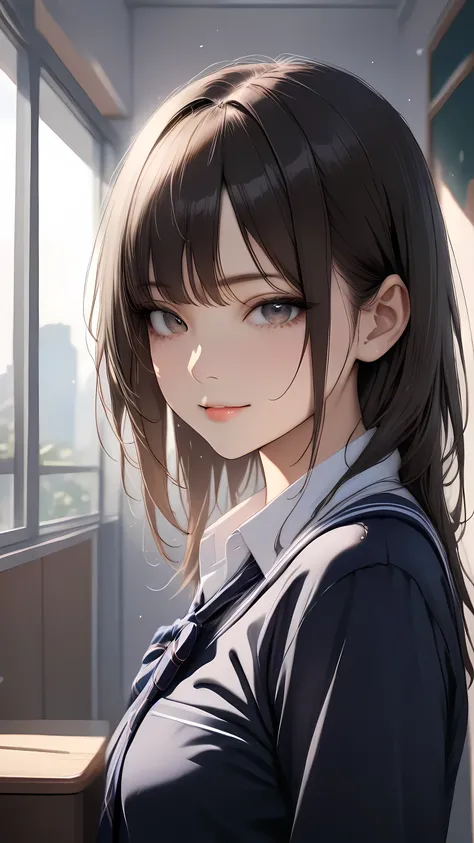 1 girl, JK, school uniform, schoolgirl, anime style, portrait, realistic, detailed facial features, short brown hair, neutral expression, standing pose, school building background, classroom setting, morning light, soft focus, professional, vivid colors, m...