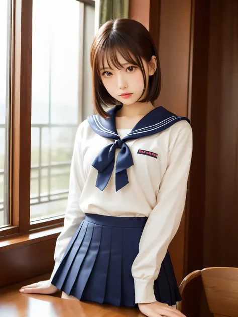 (highest resolution, clearly_ images), top quality, masterpiece, sailor suit、uniform、 open、Lolita、Loli Face、Lolitaブラジャー、Lolitaパンティ、orgasm、ecstasy、、Lolita、Japanese actress face、light makeup、embarrassed expression、pee、Perfect limbs、petty pie、short hair、Table...