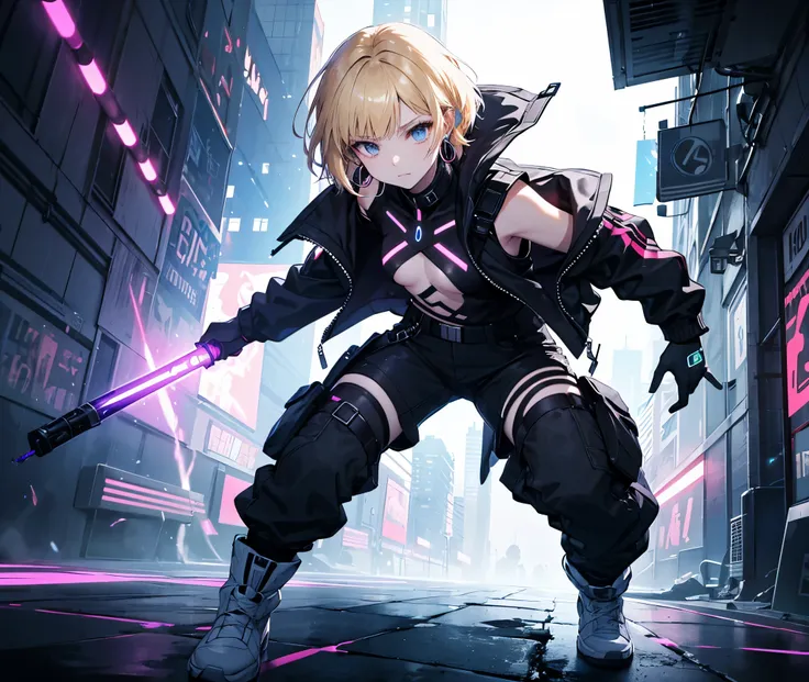 "A cyberpunk-style female character stands in a fighting stance with a single glowing blue lightsaber in her hand in a futuristic but ruined city. She has very short blonde hair with short cropped bangs and wears black hoop earrings in both ears. Her full-...