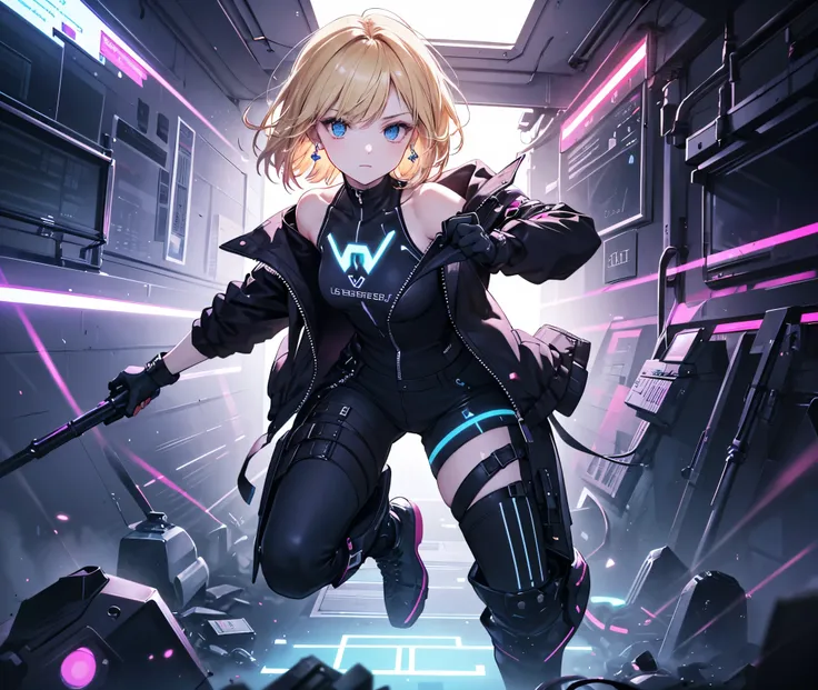 "A cyberpunk-style female character stands in a fighting stance with a single glowing blue lightsaber in her hand in a futuristic but ruined city. She has very short blonde hair with short cropped bangs and wears black hoop earrings in both ears. Her full-...