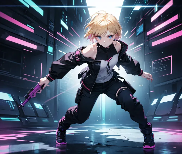 "A cyberpunk-style female character stands in a combat stance with an assault rifle in a futuristic but ruined city. She has very short blonde hair with short bangs and wears black hoop earrings in both ears. Her full-body black blouson reflects the cyber ...