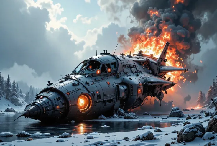 The spaceship that crashed, The spaceship that crashed and exploded、Flaming、 detailed crashed spaceship , Detailed spaceship, movie「Dune」Spaceship, abandoned ship , Valkyrie fighter, flying sci-fi vehicle , Retro SF Spacecraft, Very Well Detailed, ancient ...