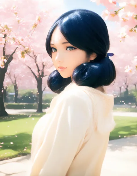 1girl, lalah sune, gundam, year 2016, upper body, green park, cherry blossom tree, casual clothes, masterpiece, high score, great score, absurdres, 16k, super detail