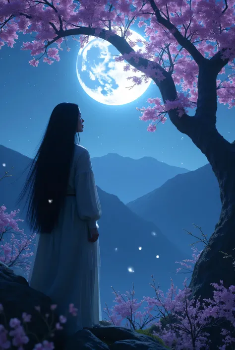 masterpiece, best quality, night, mountain, full moon, long black hair, woman, firefly, stars, mysterious cherry blossom tree, pink leaves, high quality, beautiful graphics, high detail