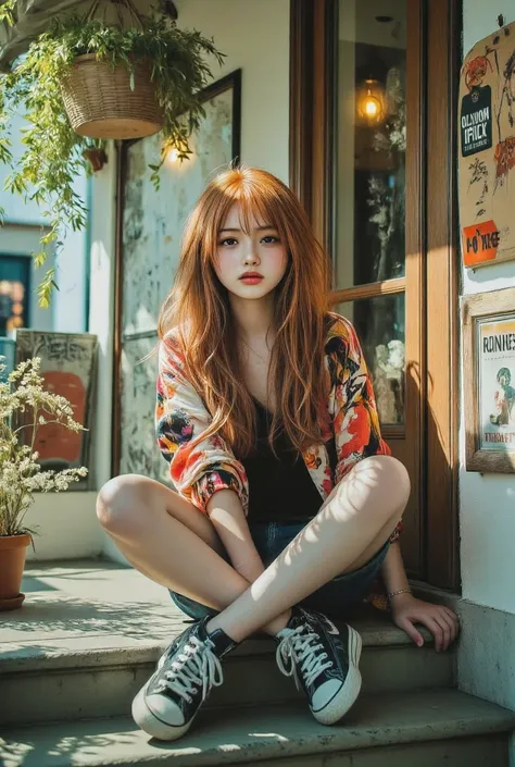 Cute girl flirty smirk redhead with freckles at the shop door sitting on the steps realistic,life-like skin texture,symmetrical,aesthetically pleasing,cinematic composition,detailed portrait,photorealistic,masterpiece,ultra-detailed,sharp focus,physically...
