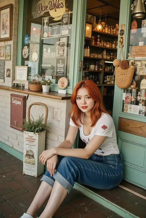 Cute girl flirty smirk redhead with freckles at the shop door sitting on the steps realistic,life-like skin texture,symmetrical,aesthetically pleasing,cinematic composition,vivid colors and detailed portrait,photorealistic,masterpiece,ultra-detailed,sharp...