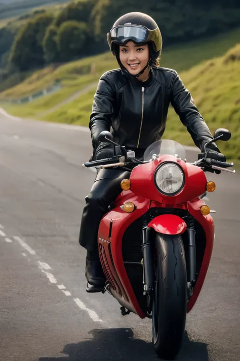 (A young female rider speeds along on a motorcycle)、Vintage Bikes、Bluff Superior SS100、Isle of Man Races、Leather jumper、Cromwell helmet with goggles、After the Rain、English countryside、(Highest quality, masterpiece, High resolution)、8k、wallpaper