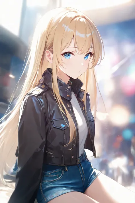 1 adult female( Clear expression with victory,close your mouth),   (  blond and blue eyed, Long straight hair),, fashion model body type, (half length jacket、denim hotpants),  cute ,  (top quality:1.2, Very Well Detailed,  soft focus , masterpiece:1.2,  be...