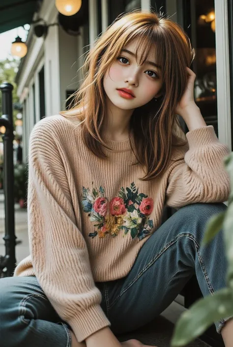 Relaxed playful and Cute girl flirty smirk redhead with freckles at the shop door sitting on the steps realistic,life-like skin texture,symmetrical,aesthetically pleasing,cinematic composition,vivid colors and detailed portrait,photorealistic,masterpiece,...
