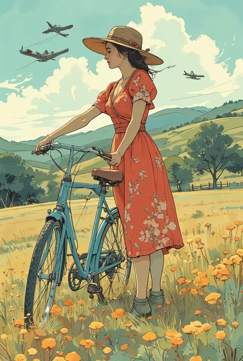 A young woman wearing a woman's hat and a red floral dress, standing next and holding a vintage blue bicycle in a french vineyard and grassy field, during the 40's. Windy weather. We can see 3 little german war planes high in the sky far away in the backgr...