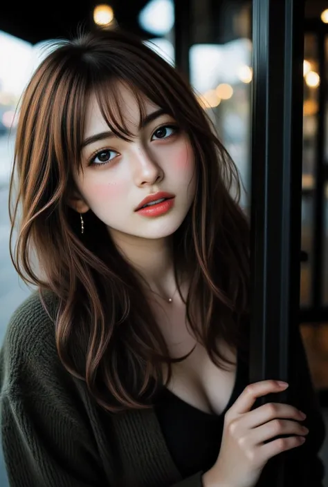 (Large and huge breasts showing décolletage and cleavage) Relaxed playful and Cute girl flirty smirk redhead with freckles at the shop door sitting on the steps realistic,life-like skin texture,symmetrical,aesthetically pleasing,cinematic composition,vivi...