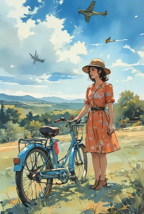 A young woman wearing a woman's hat and a red floral dress, standing next and holding a vintage blue bicycle in a french vineyard and grassy field, during the 40's. Windy weather. We can see 3 little german war planes high in the sky far away in the backgr...