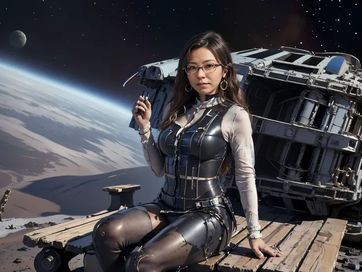 ((spaceship crashed))、((Spaceship collision))、Moon base、Spaceship crash scene、A spacesuit with a design、view from the control room、accident scene shown on a huge display、(high definition)、facial details、Texture、Beauty with glasses、glasses with thin rims、23...