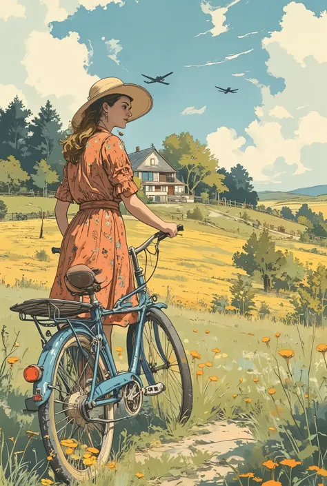 A young woman wearing a woman's hat and a red floral dress, standing next and holding a vintage blue bicycle in a french vineyard and grassy field, during the 40's. Windy weather. We can see 3 little german war planes high in the sky far away in the backgr...