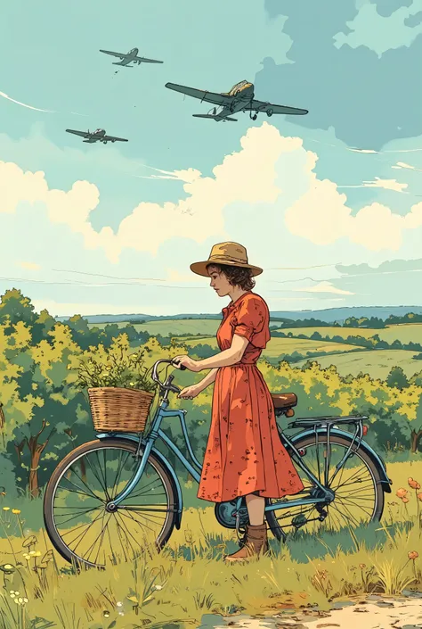 A young woman wearing a woman's hat and a red floral dress, standing next and holding a vintage blue bicycle in a french vineyard and grassy field, during the 40's. Windy weather. We can see 3 little german war planes high in the sky far away in the backgr...