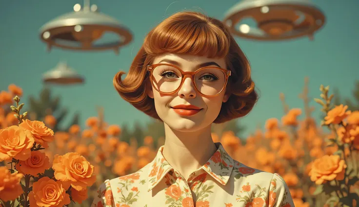 Close-up portrait of a young adult woman, light-skinned, in her twenties, with a classic 1950s hairstyle. Short, rich auburn bob with bangs framing her face. She wears large, orange-tinted cat-eye glasses. Her expression is friendly and approachable, ...