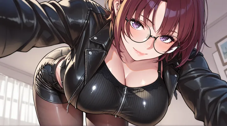 masterpiece, best quality, (large breasts:1.3), (beautiful eye:1.3), looking at viewer, round glasses, leather jacket, tights, detailed face, smooth skin, realistic proportions, soft lighting, cool and confident expression, stylish outfit, subtle shine on ...
