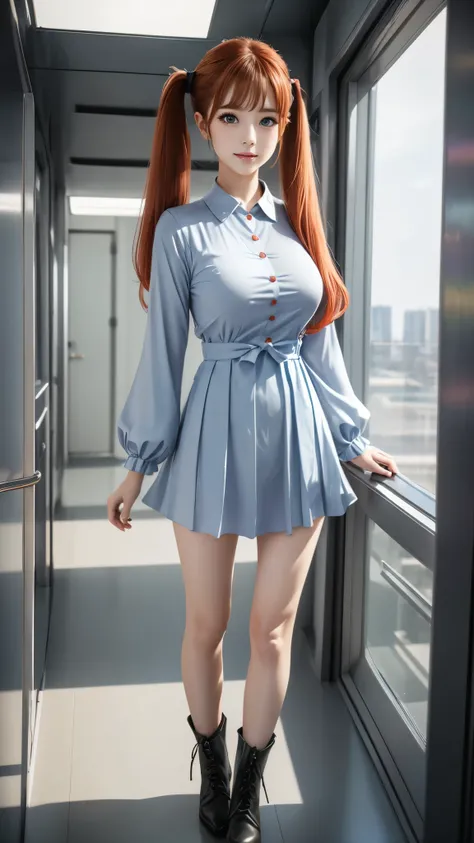 top quality, 8k, RAW photos , ultra high definition, Reality, Pretty Redheaded Woman with Iridescent Hair, Beautiful breasts, individual hair ribbons , female, happy, twin tails, Perfect Eyes, sparkling blue eyes , pale skin, silky smooth skin, Standin...