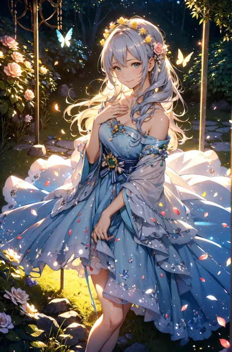 top quality mystical 、(cowboy shot ) Japanese anime character 1 WOMAN cute smile!smile! gentle gaze , beautiful eyes 、、 chest size 130 beautiful beautiful skin on hands 、、 music healing simple lawn configuration flower、 Beautiful b...