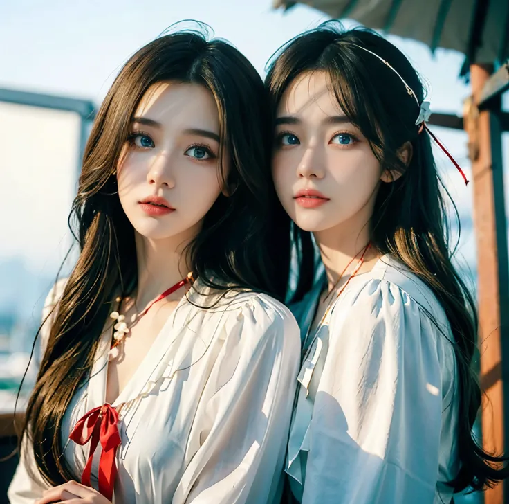 8K quality, pictures, Two beautiful men and beautiful women, Beautiful like a goddess, The backlight of the sunset is so dazzling that the characters are hazy, above chest shot at the ruins, (White blouse with red thin string ribbon tie:1.2), (Fine silver ...