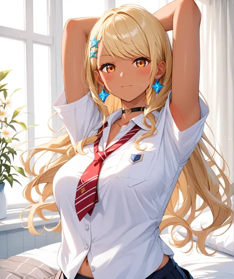 master piece、Best Quality,Super detailed,High resolution,Extremely detailed CG,Unity 8K Wallpaper,weat,score_9, score_8_up, score_7_up, score_6_up, score_5_up, score_4_up, source_anime,QpiOriginal, orange eyes, dark skin, blonde hair, long hair, swept bang...