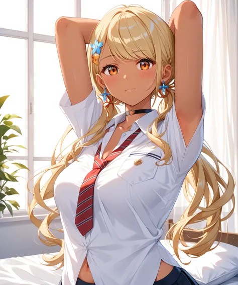 master piece、Best Quality,Super detailed,High resolution,Extremely detailed CG,Unity 8K Wallpaper,weat,score_9, score_8_up, score_7_up, score_6_up, score_5_up, score_4_up, source_anime,QpiOriginal, orange eyes, dark skin, blonde hair, long hair,low twintai...