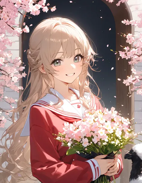 woman,age 25,smile,black cock, long hair,fluffy, woman用の入りイヤリング, upper body,スタイリッシュなwoman,spring,cherry blossoms,sailor suit,Entrance Ceremony