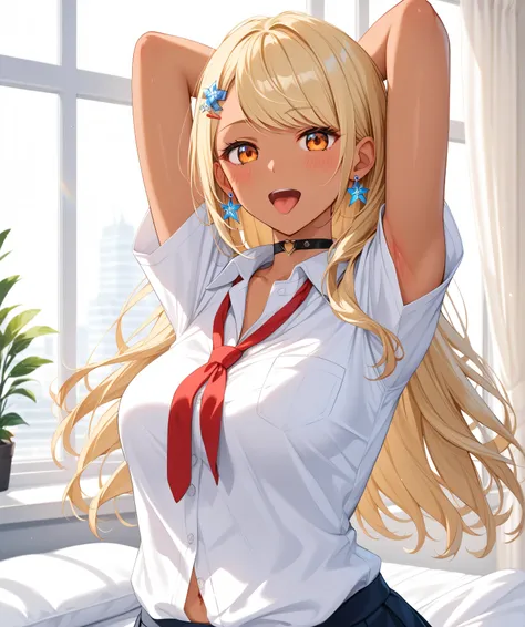 master piece、Best Quality,Super detailed,High resolution,Extremely detailed CG,Unity 8K Wallpaper,weat,score_9, score_8_up, score_7_up, score_6_up, score_5_up, score_4_up, source_anime,QpiOriginal, orange eyes, dark skin, blonde hair, long hair, swept bang...