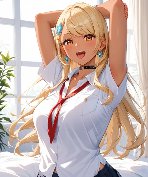 master piece、Best Quality,Super detailed,High resolution,Extremely detailed CG,Unity 8K Wallpaper,weat,score_9, score_8_up, score_7_up, score_6_up, score_5_up, score_4_up, source_anime,QpiOriginal, orange eyes, dark skin, blonde hair, long hair, swept bang...