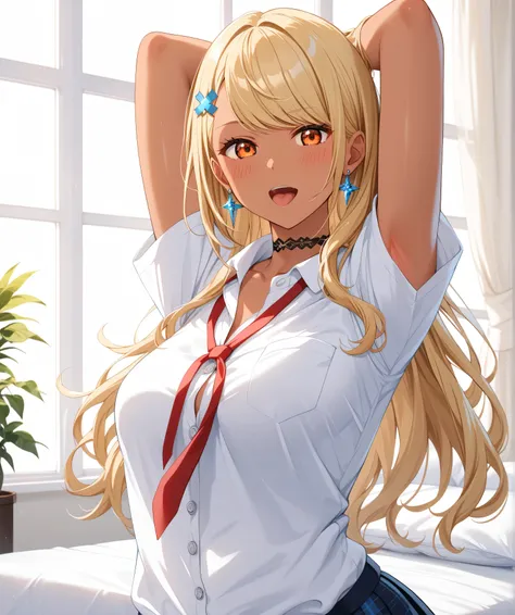 master piece、Best Quality,Super detailed,High resolution,Extremely detailed CG,Unity 8K Wallpaper,weat,score_9, score_8_up, score_7_up, score_6_up, score_5_up, score_4_up, source_anime,QpiOriginal, orange eyes, dark skin, blonde hair, long hair, swept bang...