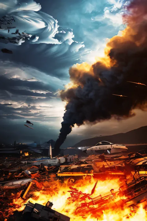 Black Smoke Swirling Apocalypse、Future Wreck and Explosion Fire Collide、(Unknown Flying Object:1.2)、people々 escapes 、 Metallic Texture 、Dynamic Composition、Artwork Capturing Shocking Moments、8K high resolution、Ultra High Definition Photorealistic Photoreal...