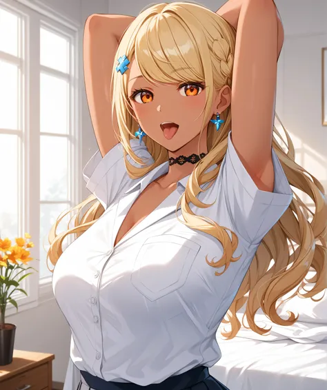 master piece、Best Quality,Super detailed,High resolution,Extremely detailed CG,Unity 8K Wallpaper,weat,score_9, score_8_up, score_7_up, score_6_up, score_5_up, score_4_up, source_anime,QpiOriginal, orange eyes, dark skin, blonde hair, long hair, swept bang...