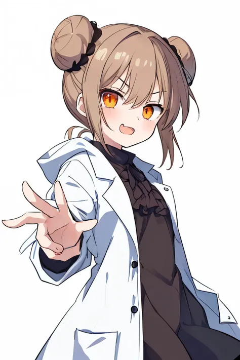 best quality, ultra-detailed, anime-style illustration, clean line art, soft shading, simple background, minimalistic details,
solo,1young girl, , light brown hair,(double buns), orange eyes,
wearing a white lab coat, open coat,black frilled blouse,
...