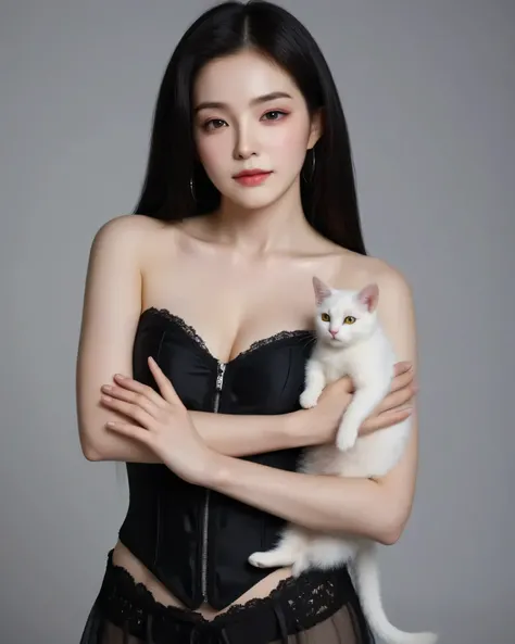 Solo, Irene Red Velvet, big breasts, small waist, long hair, dark hair, strapless, lace, corset, gothic clothing,V-neckline, translucent black skirt, not necklace, vampire aesthetic, holding a all white cat in her arms, short-haired cat, cat yellow eyes.