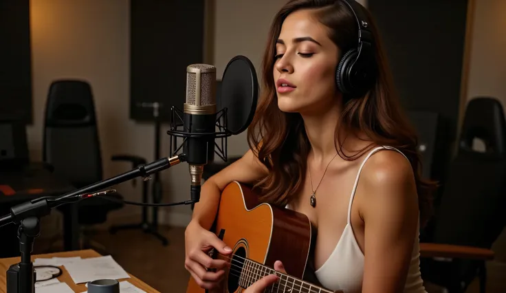 A young woman with long, wavy brown hair and fair skin, She wears a delicate spaghetti strap White or Black dress, sitting in a professional recording studio, playing an acoustic guitar and singing with deep emotion. She wears high-quality studio headphone...