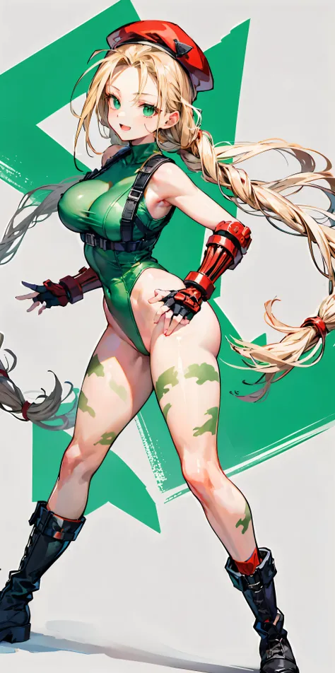 masterpiece、 high image quality、smiles、open mouth、(blonde long hair)、(clothed:1.5、Hands behind the back:1.3、big breasts、SFW Giant Body、long legs)、 blue eyes、cammy white, long hair, blonde hair,  beret , (red headwear:1.3), large breasts, ( green leotard :1...