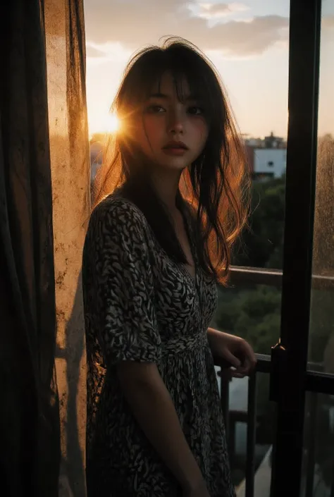 araffe dressed , ( ( , loose coat collar sailor uniform, casual green clothing, she is wearing streetwear, collared shirt, white shirt, Silhouette against the sunset looking out towards the sunset, see through dress due to the sunlight (Large and prominent...
