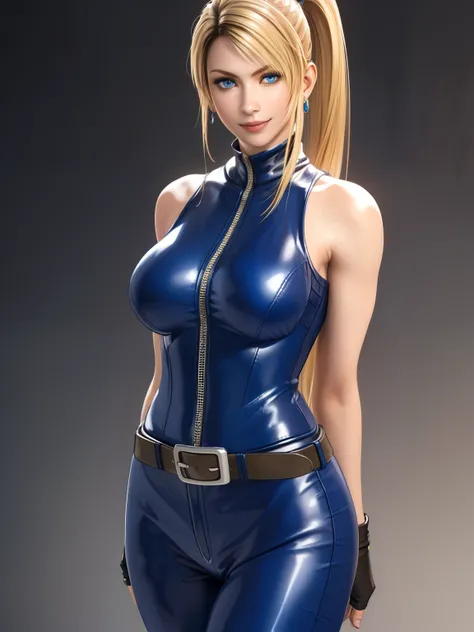 Sarah, blue eyes, very long hair, (shiny skin:1.2), (skinny girl:1.5), (American woman:1.5), blonde hair, high ponytail, floating hair, bodysuit, Shoulders exposed, (arms exposed:1.3), (medium breasts:1.6), (pushed up breasts:0.9), (curvy figure:0.7), (tig...