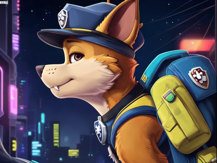 Chase, ((Paw Patrol)), ((male solo)), (male:1.95)domestic dog, male, adult male, brown eyes, (((brown fur)), ((brown body)), (wearing Paw Patrol gear:1.25), (wearing Paw Patrol bagpack:1.45), (feral:1.25), (quadruped:2.25), ((wearing police hat)), ((sharp ...