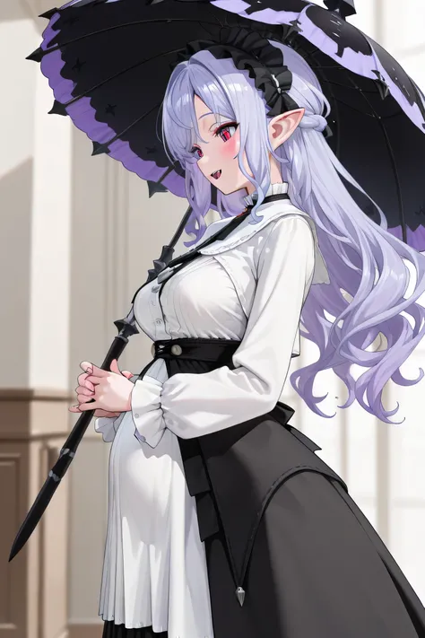 (Best quality, 4k, 8k, high resolution, masterpiece:1.2), ultra detailed, intricate details, beautiful girl, alone, Solo, light-purple hair, bangs, long wavy hair, red-colored eyes, medium breasts, perfect smooth skin, head tilted, (button-up white blouse:...