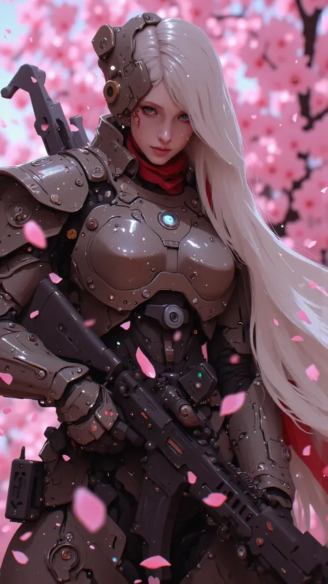 Picture a breathtaking scene where a mechanical gladiator robot is set against the vibrant backdrop of a cherry blossom forest. The robot's body is a masterpiece of mechanical craftsmanship, with gleaming alloys and hardened plates that reflect the soft pi...